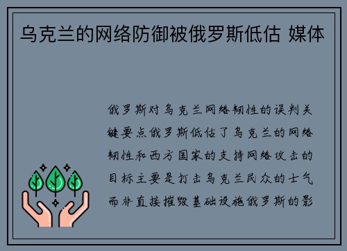 乌克兰的网络防御被俄罗斯低估 媒体